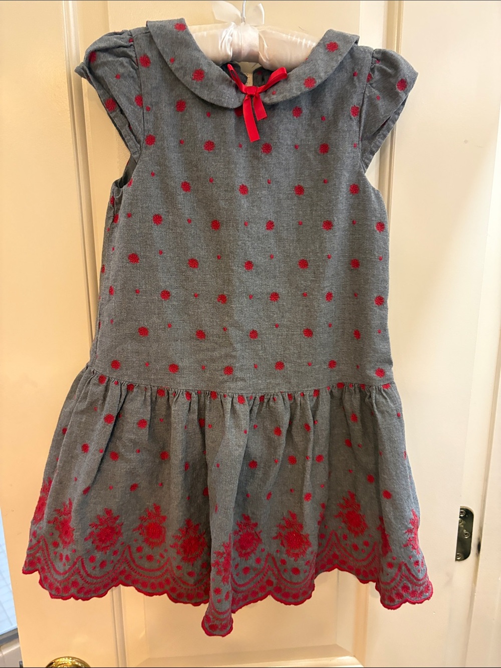 Janie and Jack Grey Dress with Pink Dot Embroidery and Pink Trim